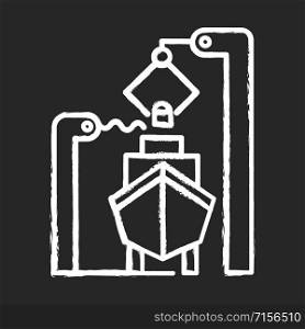 Shipbuilding industry chalk icon. Boat mechanical maintenance. Ship fixing and repairing. Nautical vehicle construction. Professional engineering equipment. Isolated vector chalkboard illustration