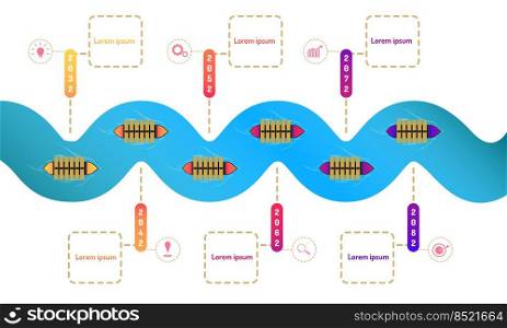 shipment floating in ocean way roadmap timeline elements with markpoint graph think search gear target icons. vector illustration eps10
