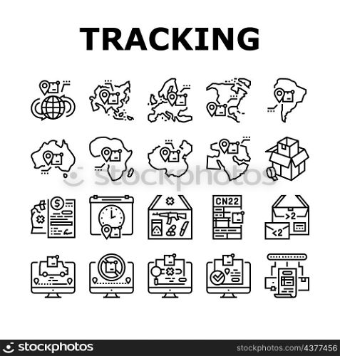 Shipment Tracking International Icons Set Vector. Middle East And Europe, China And Africa, Australia And Asia, South America And North America Shipment Tracking Black Contour Illustrations. Shipment Tracking International Icons Set Vector