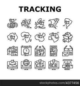 Shipment Tracking International Icons Set Vector. Middle East And Europe, China And Africa, Australia And Asia, South America And North America Shipment Tracking Black Contour Illustrations. Shipment Tracking International Icons Set Vector