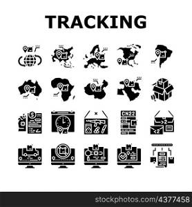 Shipment Tracking International Icons Set Vector. Middle East And Europe, China And Africa, Australia And Asia, South America And North America Shipment Tracking Glyph Pictograms Black Illustrations. Shipment Tracking International Icons Set Vector