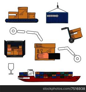 Shipping and courier delivery icon with colored sketches of container ship, delivery truck, warehouse conveyor and hand truck with cardboard boxes and packages, fragile symbol. Shipping and courier delivery colorful sketch icon