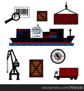 Shipping and delivery industry icons with container ship and cargo crane, wooden and steel containers, barcode with magnifier, compass and delivery truck. Shipping and delivery industry icons