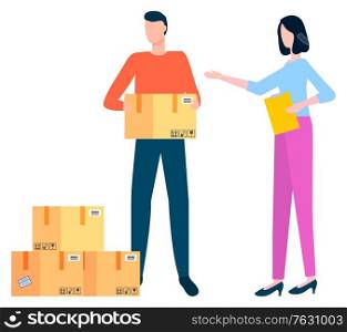 Shipping and delivery of orders vector, isolated worker carrying package, cargo in box. Woman supervising work employee. Character delivering worldwide. Organization of relocation. Document shipment. Delivery Company Fullfilling Orders of Clients