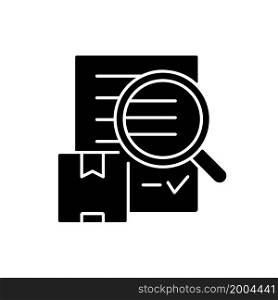 Shipping audit cargo transportation control black glyph icon. International certificate of cargo and service quality. Silhouette symbol on white space. Vector isolated illustration. Shipping audit cargo transportation control black glyph icon