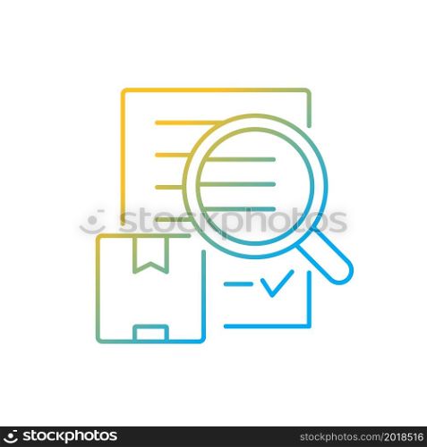 Shipping audit cargo transportation control gradient linear vector icon. International certificate of cargo quality. Thin line color symbol. Modern style pictogram. Vector isolated outline drawing. Shipping audit cargo transportation control gradient linear vector icon