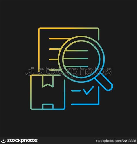 Shipping audit cargo transportation control gradient vector icon for dark theme. International certificate of quality. Thin line color symbol. Modern style pictogram. Vector isolated outline drawing. Shipping audit cargo transportation control gradient vector icon for dark theme