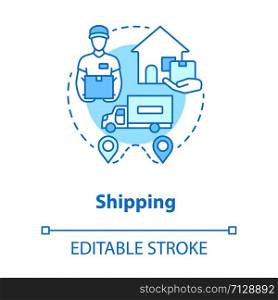 Shipping blue concept icon. Logistics and distribution idea thin line illustration. Transportation service. Courier delivering parcel to home. Vector isolated outline drawing. Editable stroke