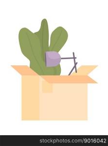 Shipping cardboard box with houseplant and l&semi flat color vector object. Editable icon. Full sized item on white. Simple cartoon style spot illustration for web graphic design and animation. Shipping cardboard box with houseplant and l&semi flat color vector object