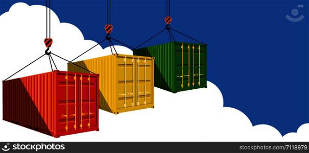 Shipping container on blue sky background. Delivery logistics and transportation vector illustration. Commercial freight company poster. Global import and export. Crane lifts cargo container. Shipping container on blue sky