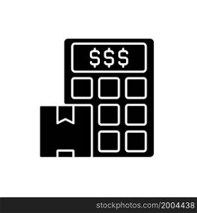 Shipping cost calculator black glyph icon. Planning delivery budget by online service. International shipment expenses. Silhouette symbol on white space. Vector isolated illustration. Shipping cost calculator black glyph icon