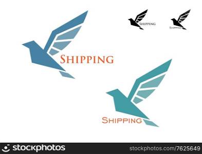 Shipping emblem with blue colored flying bird isolated on white for delivery concept design