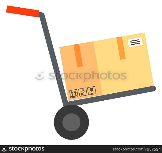 Shipping of order vector, isolated trolley with wheels and box with emblems. Fragile cargo delivery of object, packaging container on cart with handle illustration in flat style design for web, print. Delivery and Shipping of Cargo on Construction