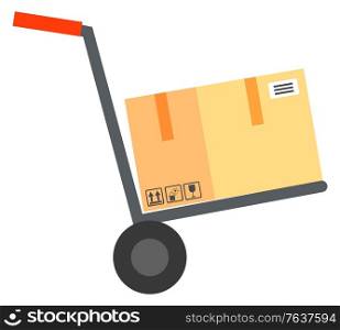 Shipping of order vector, isolated trolley with wheels and box with emblems. Fragile cargo delivery of object, packaging container on cart with handle illustration in flat style design for web, print. Delivery and Shipping of Cargo on Construction
