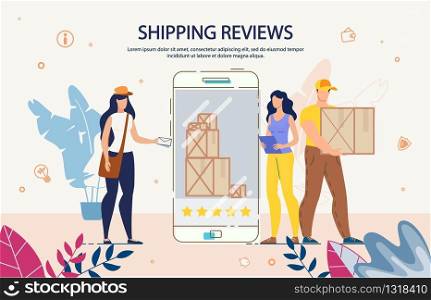 Shipping Reviews and Delivery Services Rating. Postal Woman Courier Holding Mail Letter in Envelop, Deliveryman Carrying Parcel Package, Lady Independent Expert Collecting Reviews. Huge Smartphone. Shipping Reviews and Delivery Services Rating