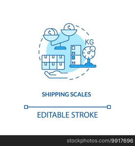 Shipping scales concept icon. Key warehouse equipment. Technologies for measuring incoming packages. Mail idea thin line illustration. Vector isolated outline RGB color drawing. Editable stroke. Shipping scales concept icon