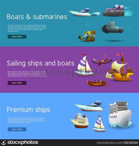 Ships And Boats Banners Set. Ships and boats realistic horizontal banners set with submarines sailing and premium ships isolated vector illustration