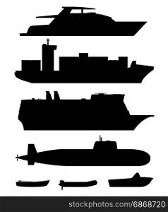 Ships and boats black silhouettes. Ships and boats black silhouettes on white background.