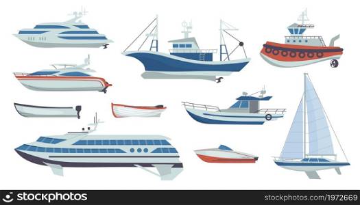 Ships and boats. Cartoon marine passenger transport. Side view of sailboat or fishing vessel. Sea vehicle types set. Isolated yacht and ocean travel cruise liner template. Vector motorboats collection. Ships and boats. Cartoon passenger transport. Side view of sailboat or fishing vessel. Sea vehicle types set. Yacht and ocean travel cruise liner template. Vector motorboats collection