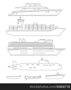 Ships and boats line drawings. Ships and boats line icons. Vector thin illustration of submarine, boats, cruise ship and cargo ship.