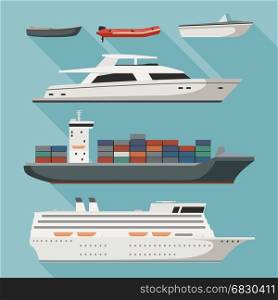Ships and boats. Ships and boats set. Vector flat simple illustration of boats, cruise ship and cargo ship.
