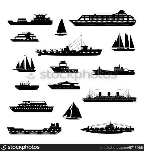 Ships and boats steamboat yacht and tanker freight industry decorative icons black and white set isolated vector illustration