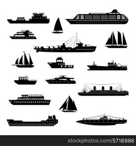 Ships and boats steamboat yacht and tanker freight industry decorative icons black and white set isolated vector illustration