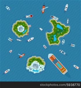 Ships around islands top view . Various ships and motorboats around three islands in the ocean view from above abstract vector illustration