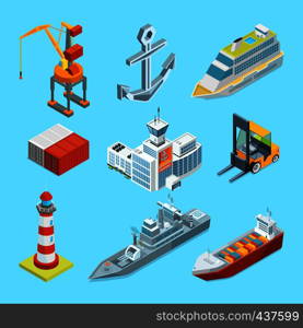 Ships, boats and seaport terminal. Cargo containers and crane for loading. Transportation shipping, container and sea port, logistic and delivery. Vector illustration. Ships, boats and seaport terminal. Cargo containers and crane for loading