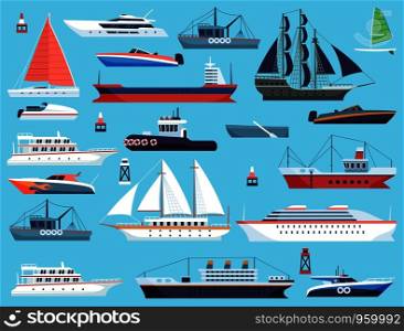 Ships in harbor. Shipping speedboating cruiser and sailboat, isolated vector flat sea marine travel system commercial transport set. Ships in harbor. Shipping speedboating cruiser and sailboat, vector flat sea marine travel system transport set