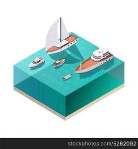 Ships Isometric Composition. Four ships of different size floating on water isometric composition on white background 3d vector illustration