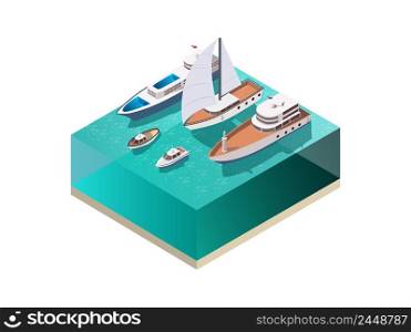 Ships isometric set with water surface and various vessels including wind-driven yacht and motor boats vector illustration. Water Vessels Isometric Composition
