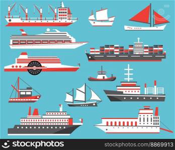 Ships Set. Passenger Cruise Ship, Yacht, Bulk Carrier and Sailboat. Vector Illustration.