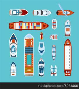 Ships top view flat icons set . Various ships and boats types on water view from above with cruise liner abstract vector illustration