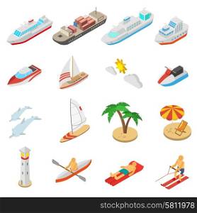 Ships yachts boats and beach vacation isometric icons set isolated vector illustration . Ships and beach vacation icons set