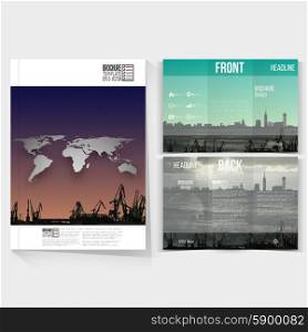 Shipyard and city landscape. Brochure, tri-fold flyer or booklet for business. Modern trendy design vector templates on both sides.