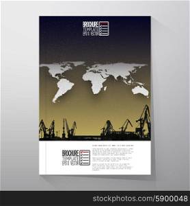 Shipyard, harbor skyline, world map night design vector. Brochure, flyer or report for business, templates vector