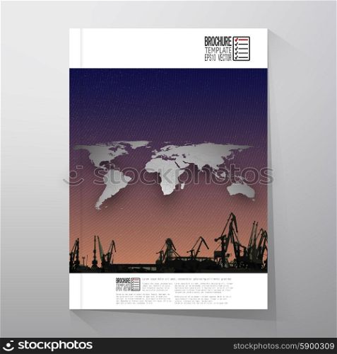 Shipyard, harbor skyline, world map night design vector. Brochure, flyer or report for business, templates vector