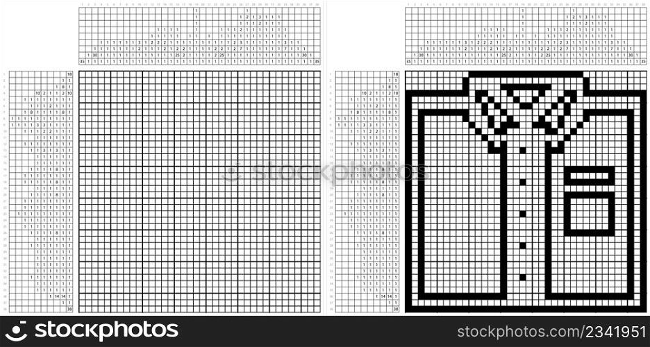 Shirt Icon Nonogram Pixel Art, Cloth Icon, Upper Body Garment With Collar, Sleeves And Cuffs Vector Art Illustration, Logic Puzzle Game Griddlers, Pic-A-Pix, Picture Paint By Numbers, Picross