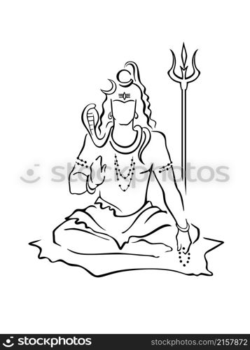 Shiva, Hindu god, giving blessing, sitting with beads, trident. Mahadeva, supreme god of destruction, time, dance, yoga. Modern symbol, hand drawn sketch. Design element for prints, decor, web. Shiva, Hindu god, giving blessing, sitting with beads, trident. Mahadeva, Adiyogi, supreme deity of destruction, time, dance. Modern symbol, hand drawn black and white sketch for prints, decoration