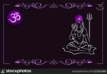 Shiva, Hindu god, giving blessing, with shiny Sahasrara crown chakra. Mahadeva, supreme deity. Aum symbol, floral frame. Modern black hand drawn vector for prints. Shiva, Hindu god, with trident. Shiny Sahasrara crown chakra, Om symbol, lotus frame. Hand drawn vector design