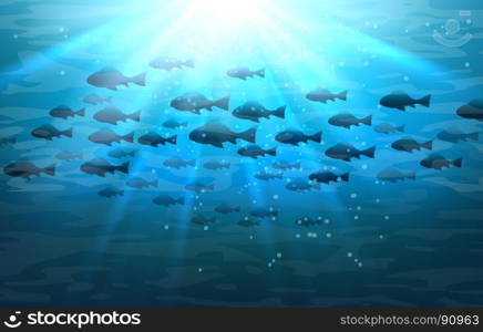 Shoal of sea fish in ocean. Shoal of sea fish. Swimming pisces in blue deep ocean water vector illustration