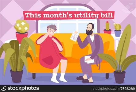 Shock payment utilities bill flat composition with text and home interior with people holding payment obligation vector illustration