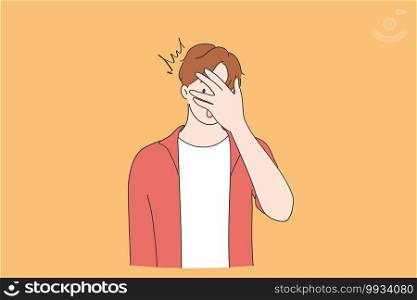 Shock, surprise, embarrassed emotion concept. Young man cartoon character wearing casual clothing peeking in shock covering face and eyes with hand, looking through fingers vector illustration. Shock, surprise, embarrassed emotion concept