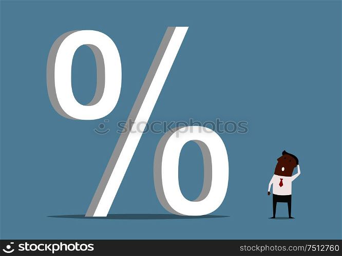 Shocked african american businessman looking up at huge credit percent or rate symbol, for finance and banking theme design. Cartoon flat style. Black businessman with huge credit percents