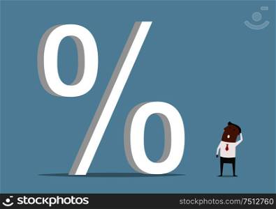 Shocked african american businessman looking up at huge credit percent or rate symbol, for finance and banking theme design. Cartoon flat style. Black businessman with huge credit percents
