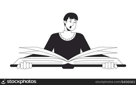 Shocked asian man reading big book flat line black white vector character. Editable outline half body education character on white. Simple cartoon spot illustration for web graphic design. Shocked asian man reading big book flat line black white vector character