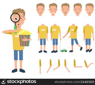 Shocked boy looking through magnifying glass character set with different poses, emotions, gestures. Parts of body, popcorn, toy car. Can be used for topics like discovery, news, information, kid