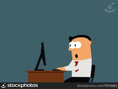 Shocked businessman sitting on his workplace and looking at the monitor screen. He reading something unbelievable. Surprise, shock, amazement, emotion and expression concept usage. Shocked businessman looking at the monitor