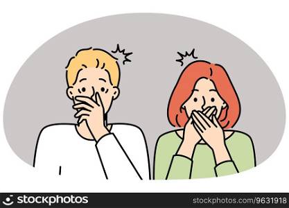 Shocked couple cover mouth stunned by unbelievable news. Amazed man and woman surprised by unexpected message. Vector illustration.. Shocked couple stunned by unbelievable news
